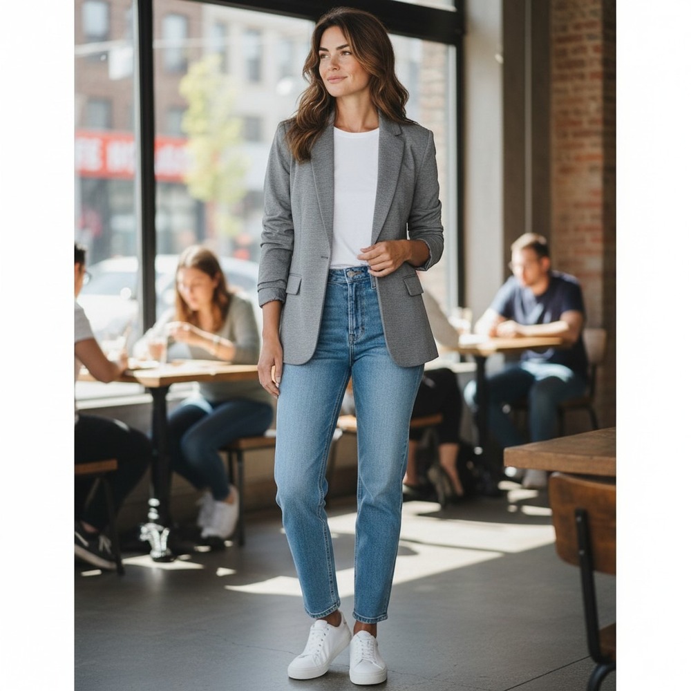 Worthington Grey Micro-Stripe Single Button Blazer with Pick Stitching XL